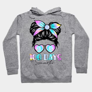 100 Days Smarter Girls Messy Bun Hair 100th Day Tie Dye Hoodie